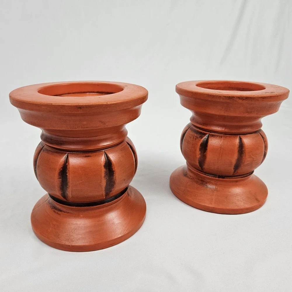 Vintage Boho Pillar Candle Holders Retro Orange Pottery 1960's Japan MCM